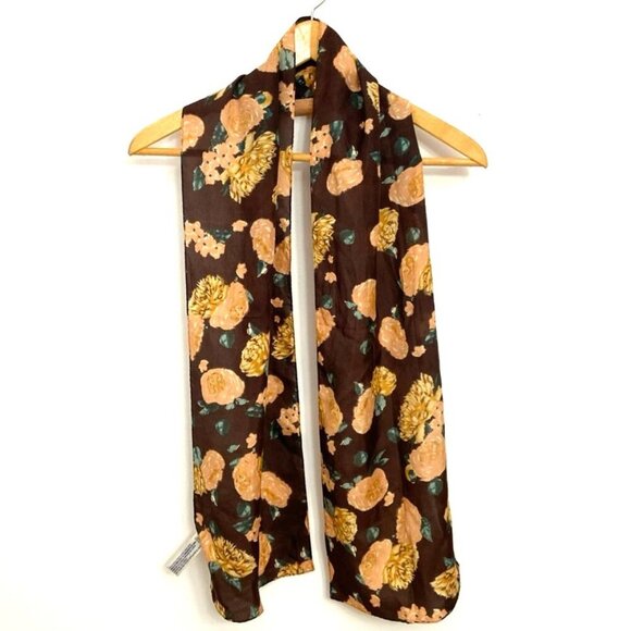 Anne Klein Scarf Silk Rectangle Floral 58" x 10" Peach Brown Green - Picture 1 of 6